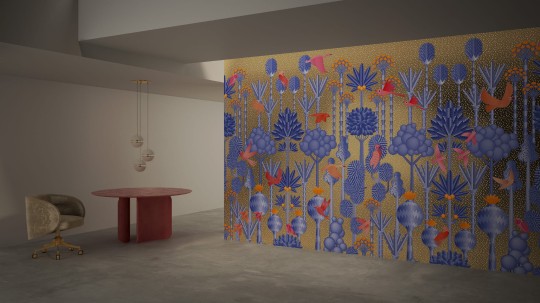 Yo2 MI1.01 EG Metallic Biophillic Futures - mural z motywem niebieskich drzew na złotym tle