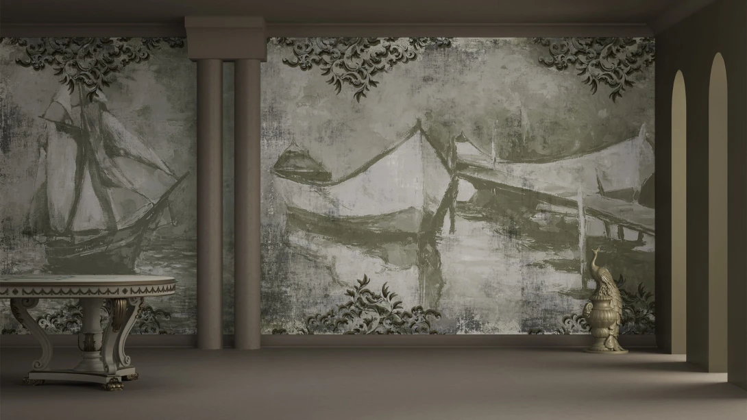 Yo2 OA1.10 FF Offbeat Antiques - renesansowy mural z łodziami z elementami leśnymi