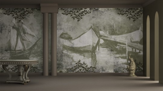 Yo2 OA1.10 FF Offbeat Antiques - renesansowy mural z łodziami z elementami leśnymi