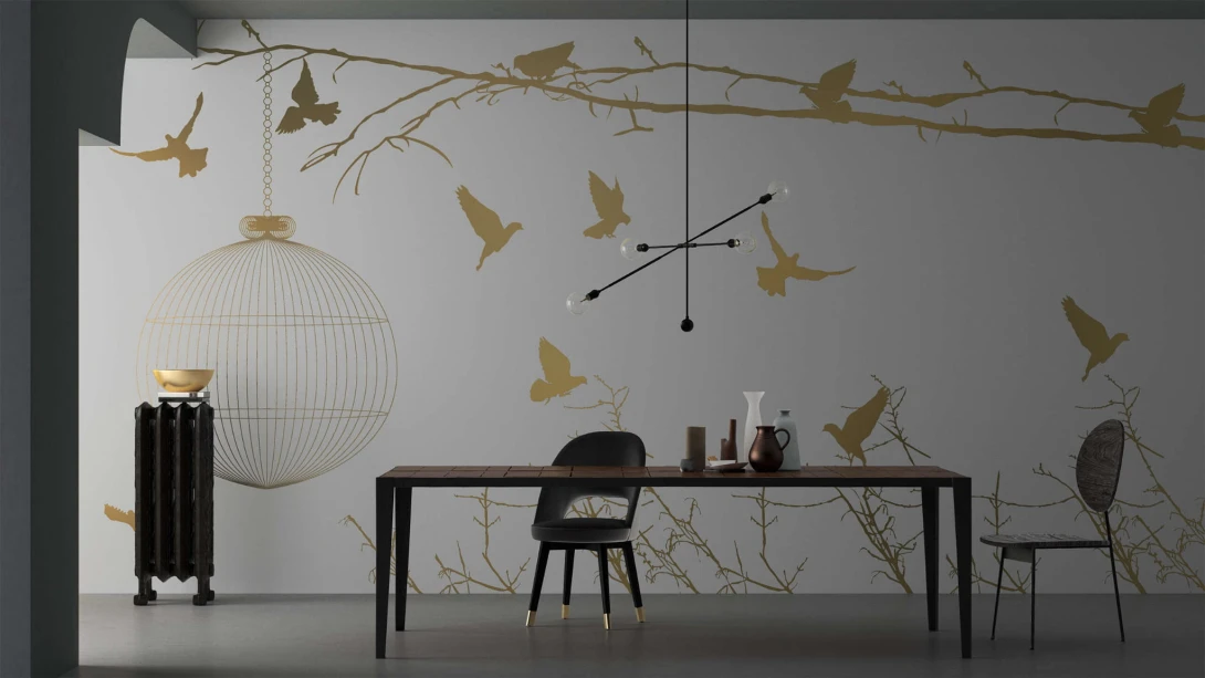 Yo2 GP1.02 SG Glossy Pigeons - mural ze złotymi ptakami, gałęzią i klatką