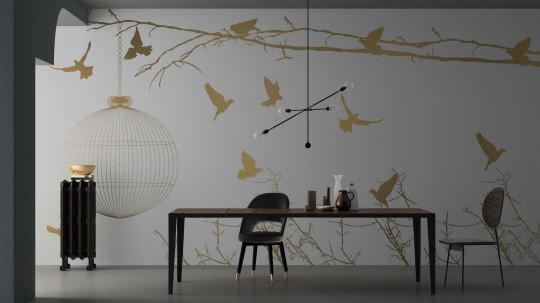 Yo2 GP1.02 SG Glossy Pigeons - mural ze złotymi ptakami, gałęzią i klatką