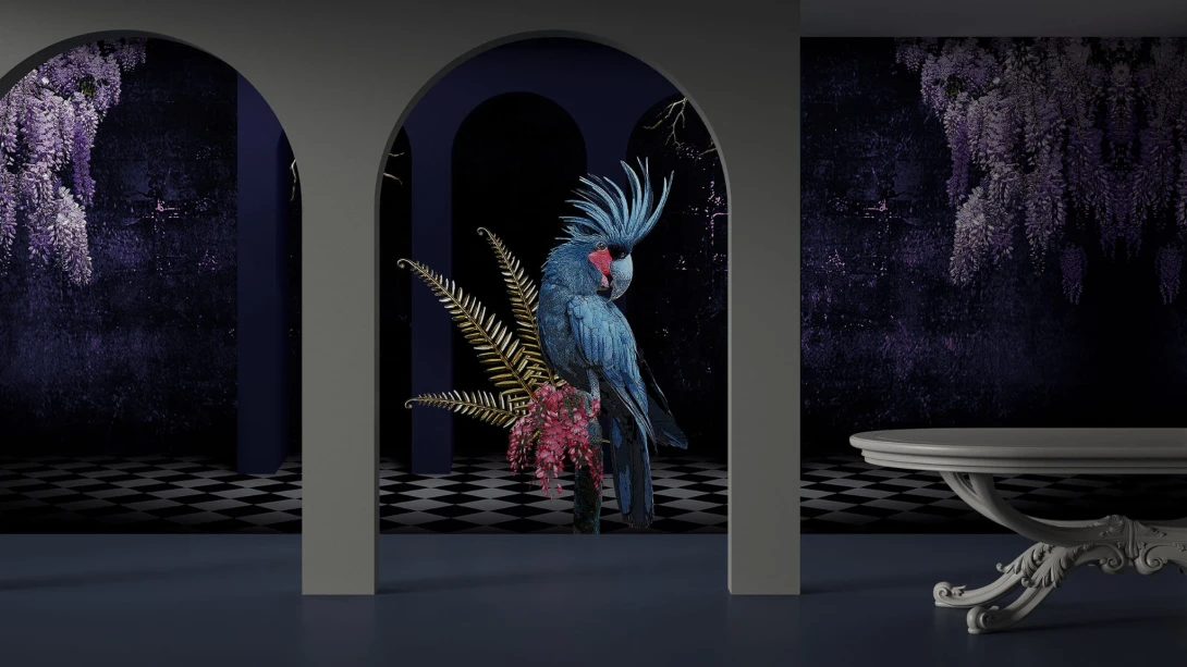 Yo2 FA1.01.1 FF/GL Fantasmagoria - mural z motywem papugi, łuku i kwiecistych drzew