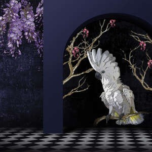 Yo2 FA1.02.1 FF/GL Fantasmagoria - mural z motywem papugi, łuku i kwiecistych drzew