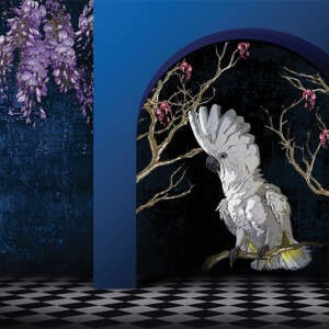 Yo2 FA1.02.2 FF/GL Fantasmagoria - mural z motywem papugi, łuku i kwiecistych drzew