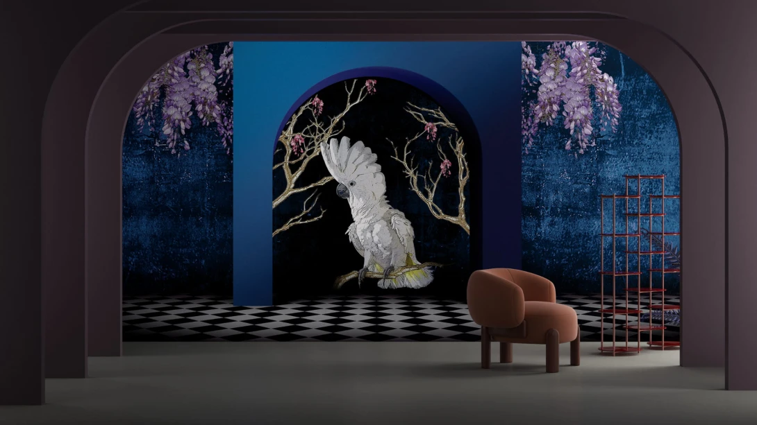 Yo2 FA1.02.2 FF/GL Fantasmagoria - mural z motywem papugi, łuku i kwiecistych drzew