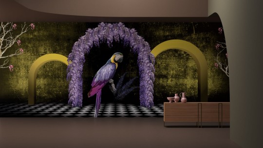 Yo2 FA1.03.1 FF/GL Fantasmagoria - mural z motywem papugi, łuku i kwiecistych drzew