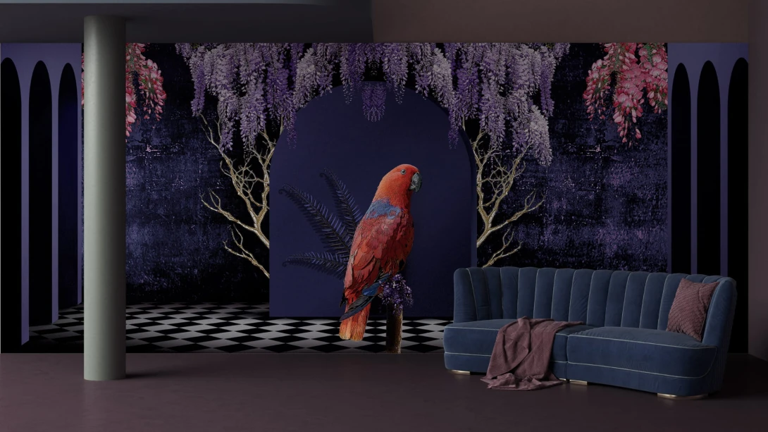 Yo2 FA1.04.1 FF/GL Fantasmagoria - mural z motywem papugi, łuku i kwiecistych drzew