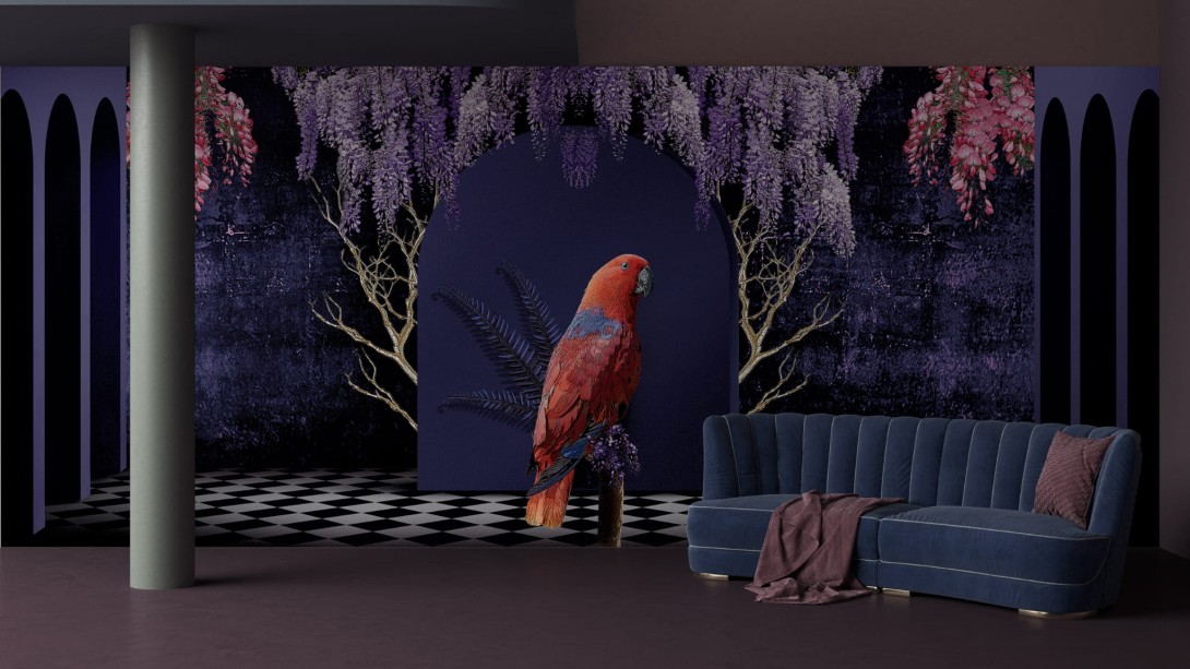 Yo2 FA1.04.2 FF/GL Fantasmagoria - mural z motywem papugi, łuku i kwiecistych drzew