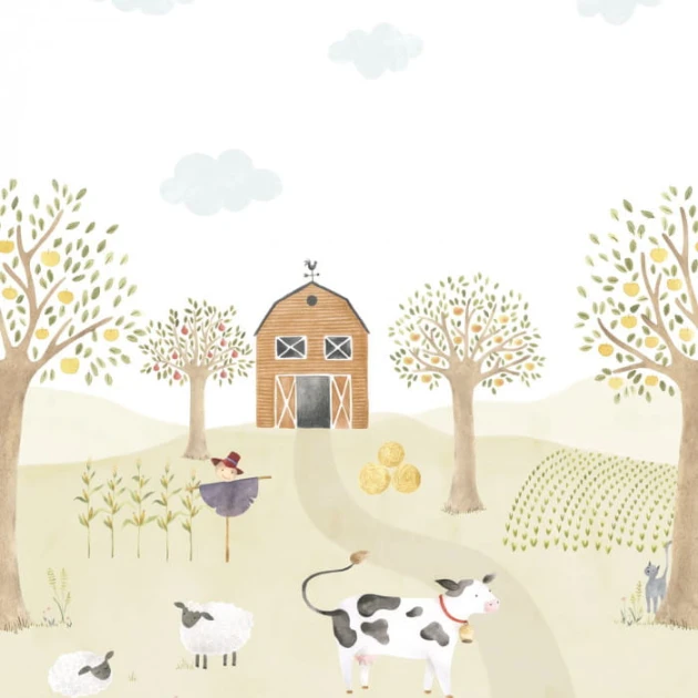 Casadeco 88337005 Once Upon A Time The Farm Adventures With Cow rozmiar S - mural z krajobrazem podwórka farmy