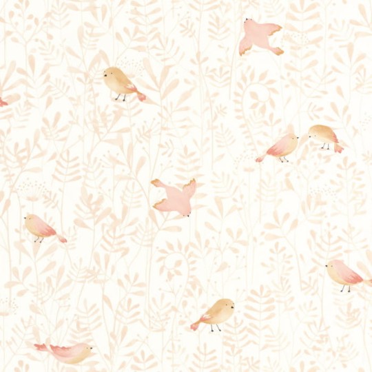 Casadeco 88314120 Once Upon A Time Flying Bird Rose Nude - tapeta z motywem ptaków i liści