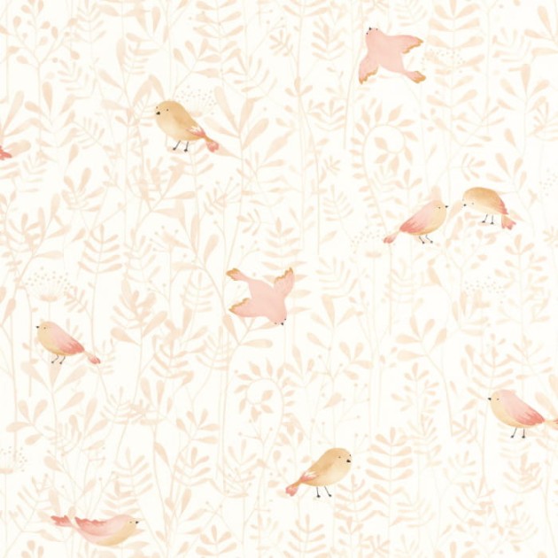 Casadeco 88314120 Once Upon A Time Flying Bird Rose Nude - tapeta z motywem ptaków i liści