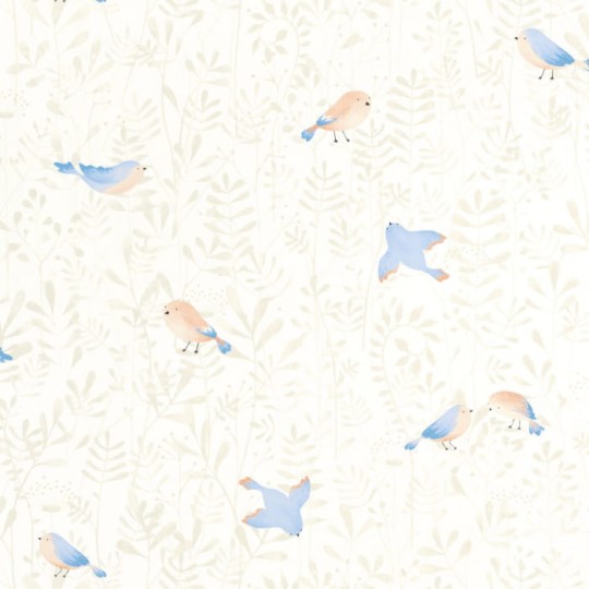 Casadeco 88316471 Once Upon A Time Flying Bird Bleu Ciel - tapeta z motywem ptaków i liści