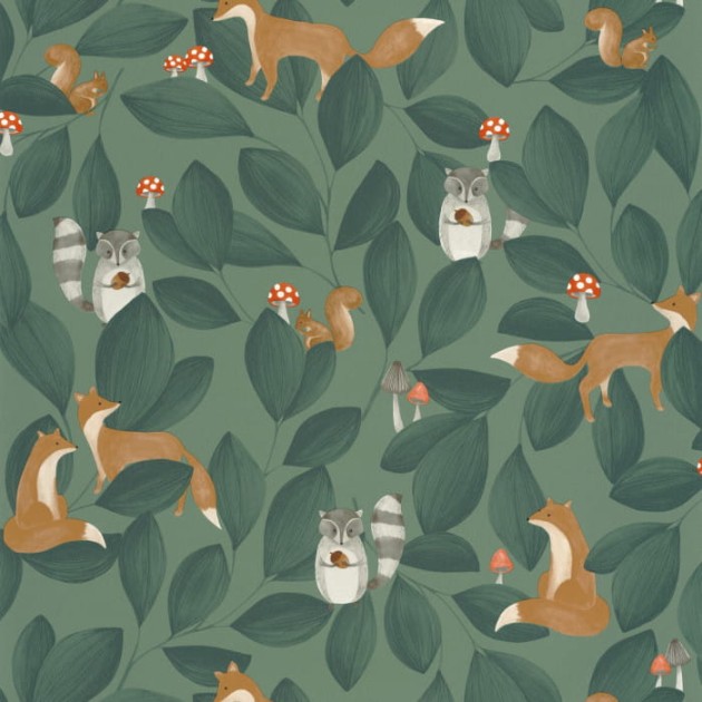 Casadeco 88277946 Once Upon A Time Woodland Friends Vert Foret - tapeta z motywem liści i zwierzątek