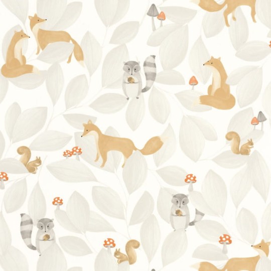 Casadeco 88279807 Once Upon A Time Woodland Friends Gris Duvet - tapeta z motywem liści i zwierzątek
