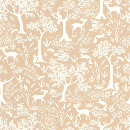 Casadeco 88262597 Once Upon A Time Poetic Forest Beige Camel - tapeta z motywem lasu i zwierzątek