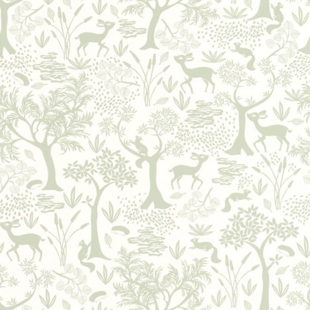 Casadeco 88267763 Once Upon A Time Poetic Forest Vert Amande - tapeta z motywem lasu i zwierzątek