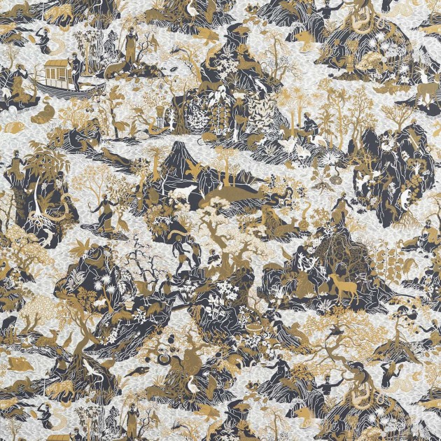 Zoffany 313033 Cotsworld Manor Avalonis Vine Black / Gold - tapeta z motywem ludzi, gór, lasu i dzikich zwierząt