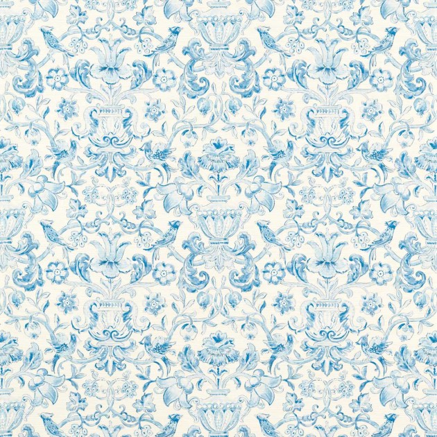 Zoffany 313015 Cotsworld Manor POMPADOUR PRINT INDIGO - tapeta z motywem akwarelowych ptaków, gałęzi i kwiatów