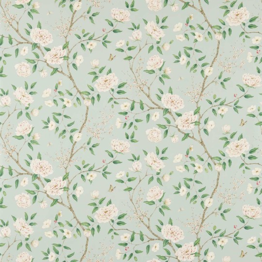 Zoffany 311336 Cotsworld Manor ROMEY''S GARDEN SEA GREEN - tapeta z motywem pnącej piwonii i liści
