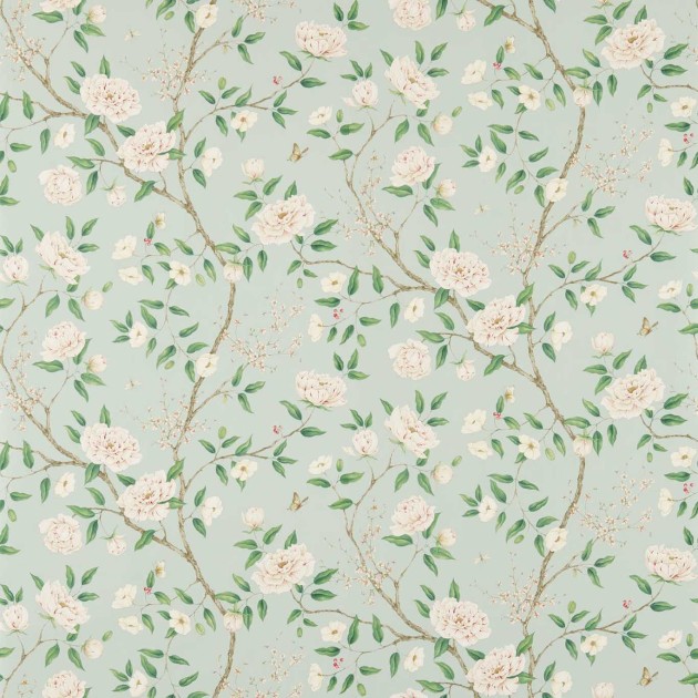 Zoffany 311336 Cotsworld Manor ROMEY''S GARDEN SEA GREEN - tapeta z motywem pnącej piwonii i liści