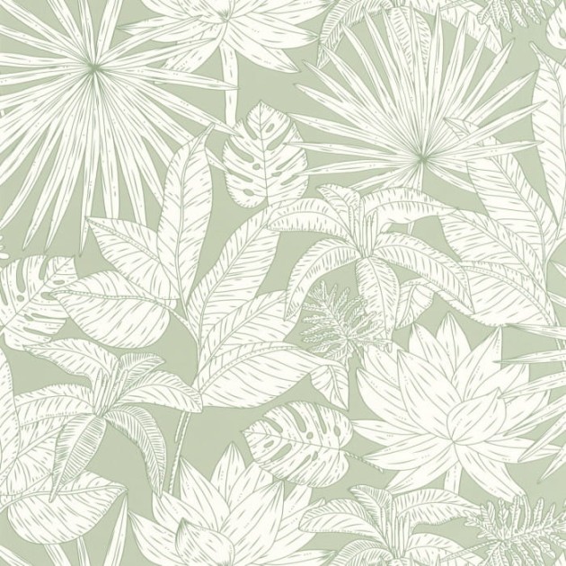 Caselio 101437041 Green & Co Odyssee Hawai Vert D’eau - tapeta w kwiaty i palmy