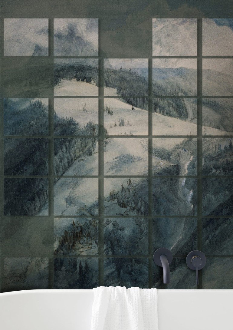 Wall&Deco WET_FB2202 Forest Bathing Wet System - mural geometryczny z krajobrazem zimowego lasu