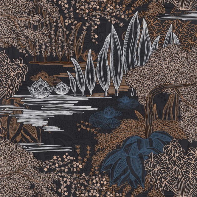 Casamance 75680406 Square Jasmin Jasmin Encre - tapeta z motywem ogrodu wodnego