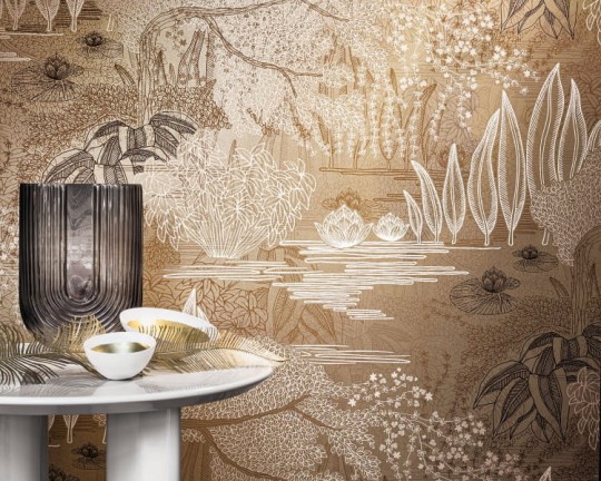 Casamance 75680406 Square Jasmin Jasmin Encre - tapeta z motywem ogrodu wodnego