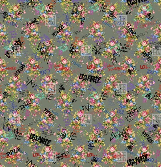 London Art DSQ2W04-01 Dsquared2 Vandalized Granny’s Flowers - mural z motywem kwiatów róży i tagów graffiti