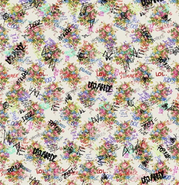 London Art DSQ2W04-03 Dsquared2 Vandalized Granny’s Flowers - mural z motywem kwiatów róży i tagów graffiti