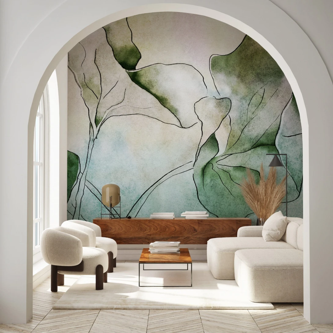 Wall Art Arte - Małgorzata Gajderowicz Hasu - mural z motywem zielonych liści lotosu na białym tle