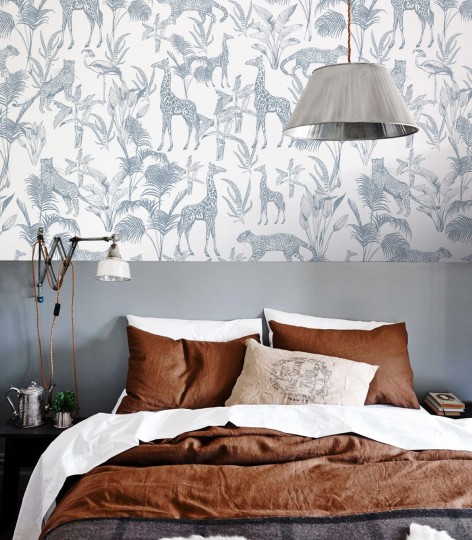 Wallcolors Life in Boho Safari Blue - tropikalny mural z motywem żyraf, flamingów i gepardów