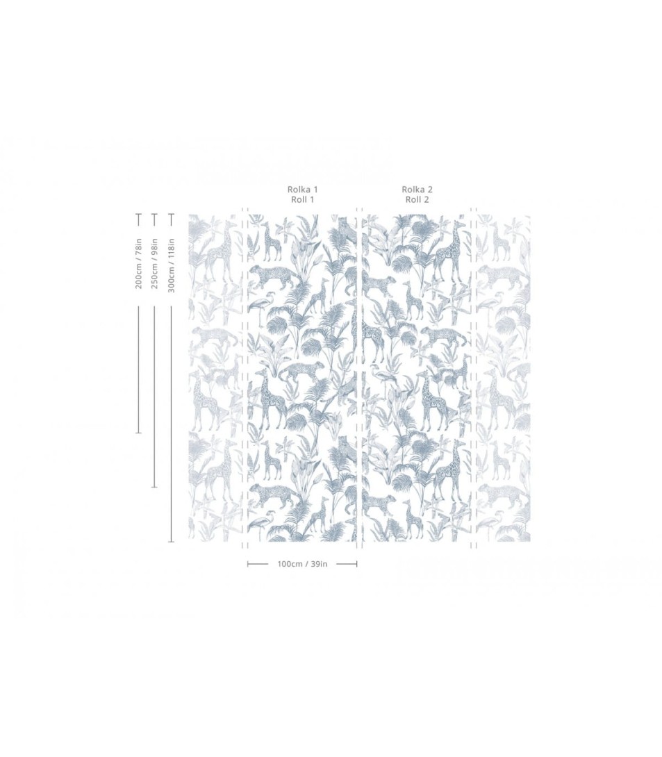 Wallcolors Life in Boho Safari Blue - tropikalny mural z motywem żyraf, flamingów i gepardów