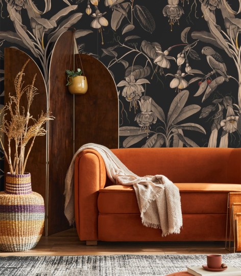 Wallcolors Vintage Therapy Frida sepia - mural z motywem papug, kwiatów i gałęzi