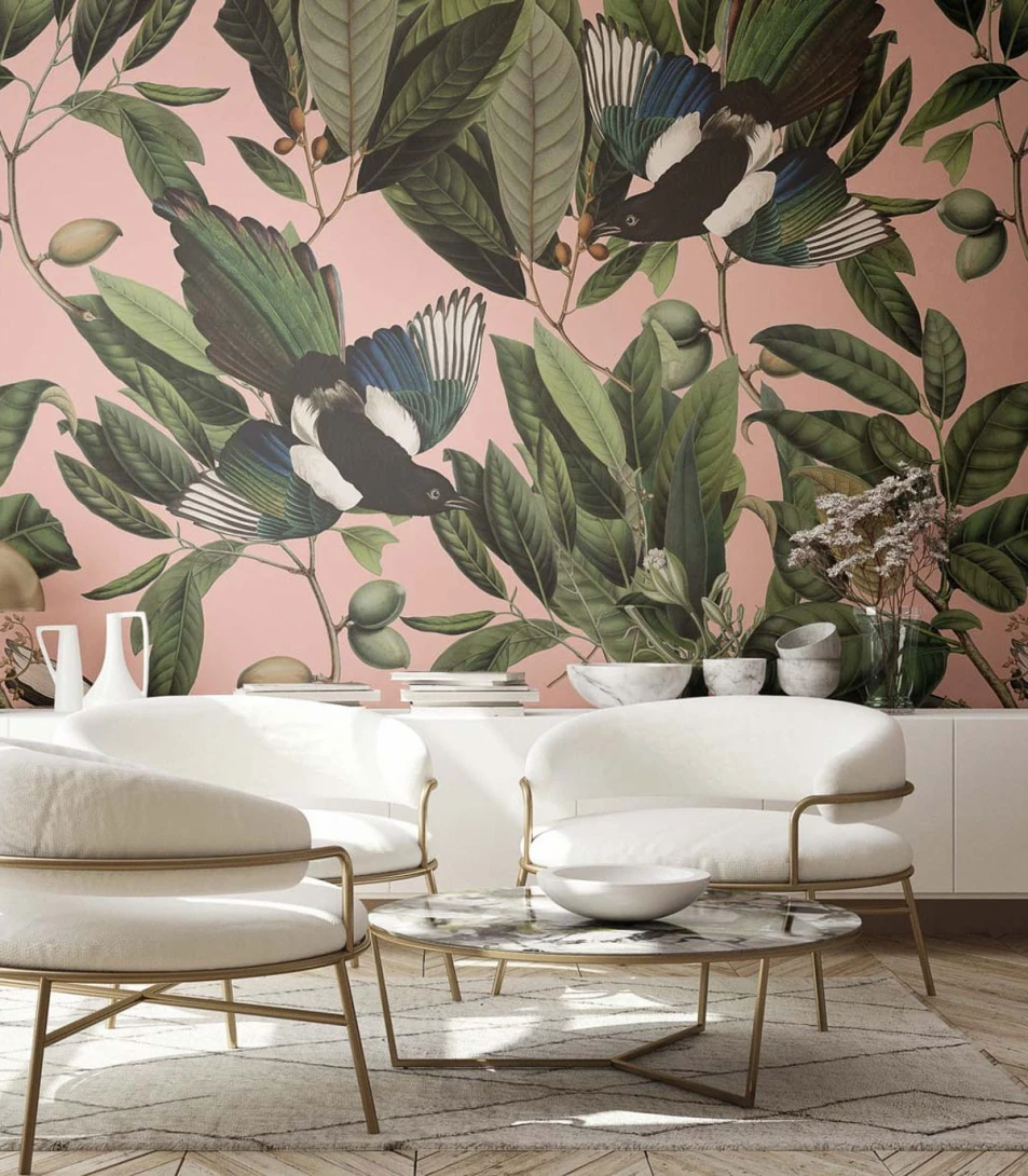 Wallcolors Botanical Experience Magpie Pink - mural z motywem srok i gałęzi