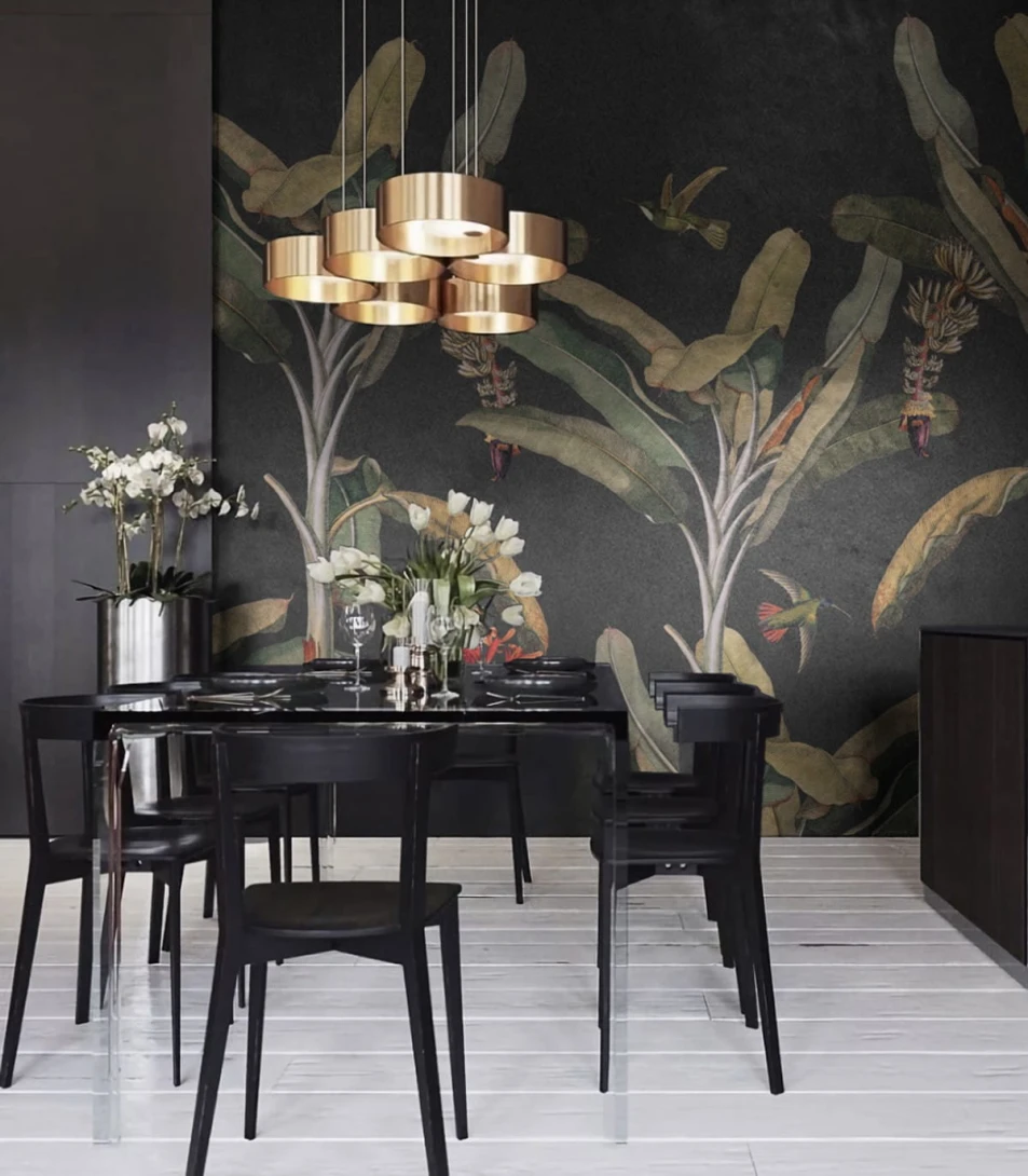 Wallcolors Botanical Experience Palms - mural z motywem drzew palmy i ptaków na czarnym tle