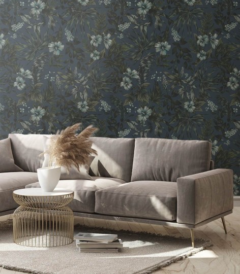 Wallcolors Botanical Experience Darkness Green - mural z motywem kwiatów na granatowym tle