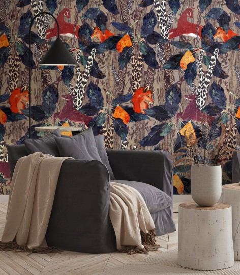 Wallcolors Botanical Experience Fox and deer - mural z motywem saren i lisów pośród liści