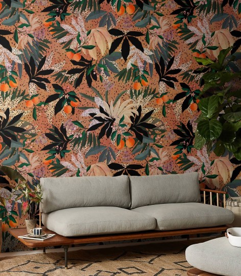 Wallcolors Floral Majesty Apricots - mural z motywem mandarynek, gałązek, liści i kwiatów na nakrapianym tle