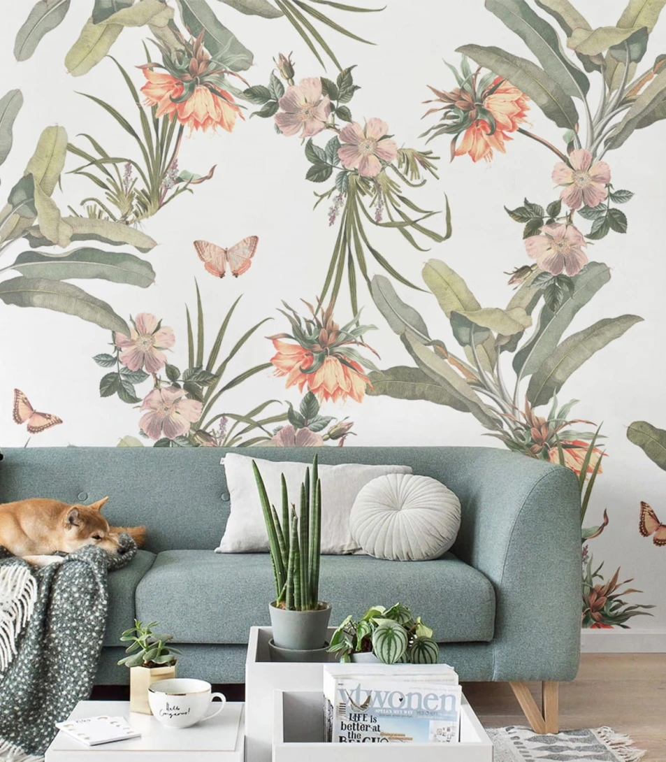 Wallcolors Floral Majesty Paradise - mural z motywem tropikalnych kwiatów i  motyli na jasnym tle