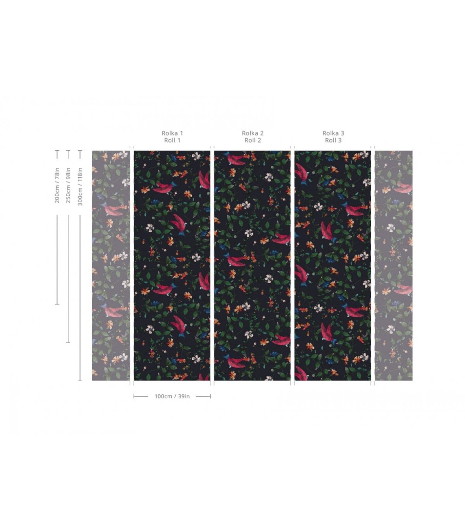 Wallcolors Tropical Intense Parrots - mural z motywem gałęzi i ptaków na czarnym tle