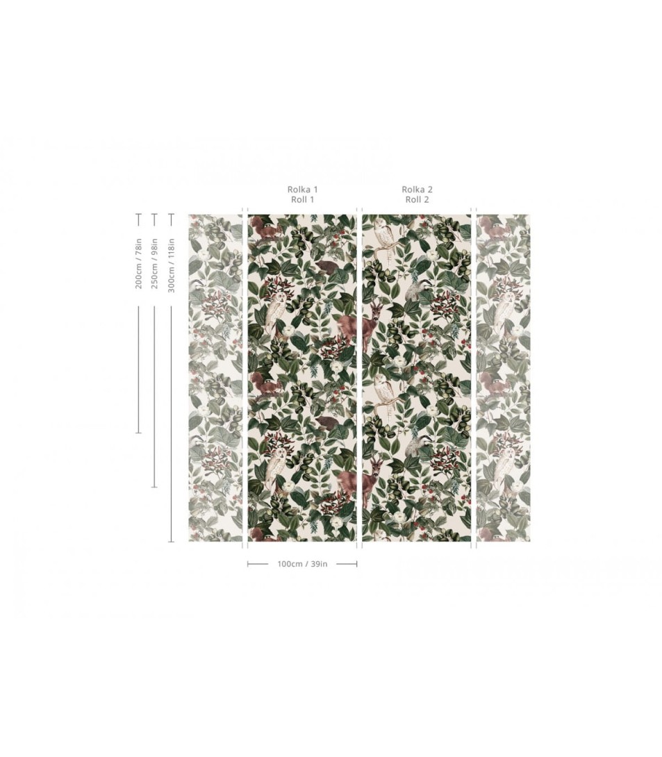 Wallcolors Tropical Intense Woodland - mural z motywem wiewiórek, sów, jeleni, i jeżów pośród roślinności