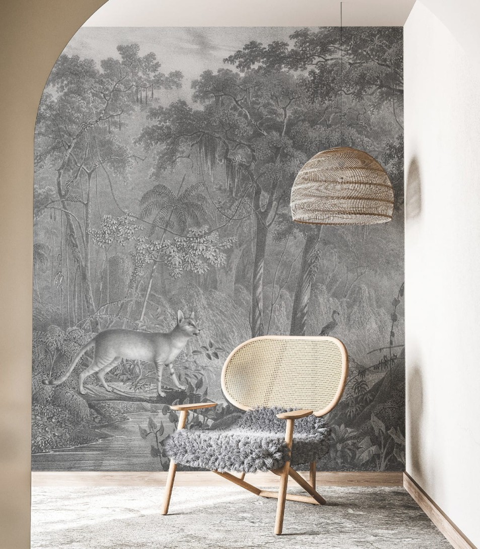 Wallcolors Art Matters Jungle Cat - tropikalny mural z motywem ocelota i flamingów pośród dżungli