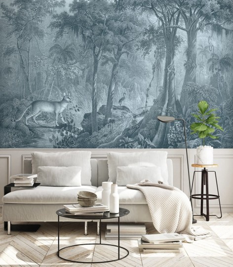 Wallcolors Art Matters Jungle Cat Blue - tropikalny mural z motywem ocelota i flamingów pośród dżungli
