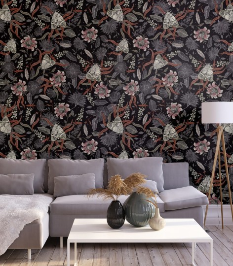 Wallcolors Essential Moth - mural z motywem kwiatów, liści i ciem