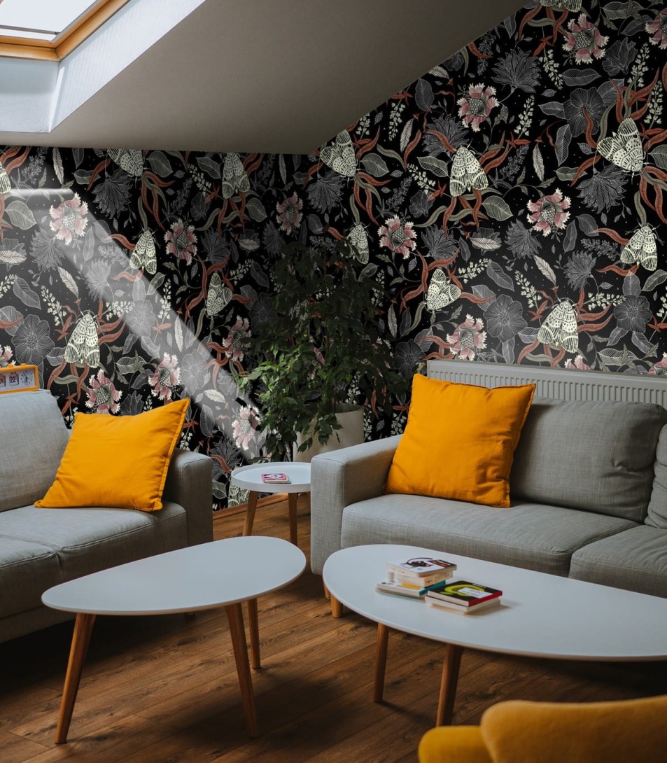 Wallcolors Essential Moth - mural z motywem kwiatów, liści i ciem