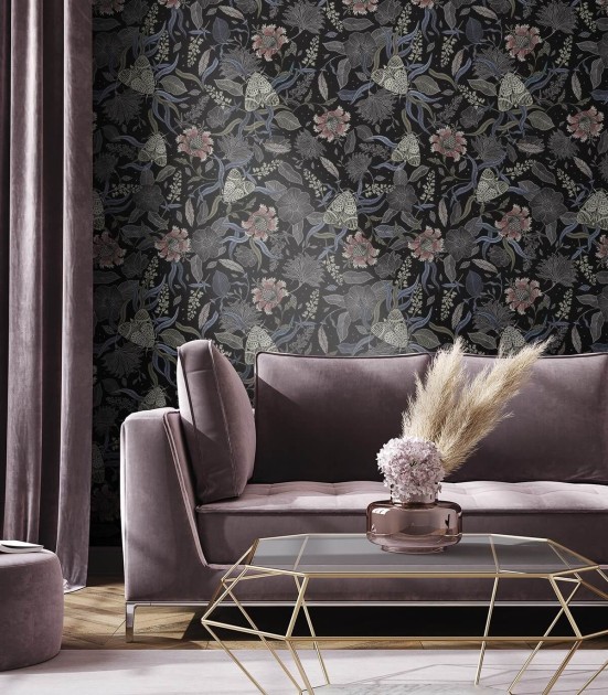 Wallcolors Essential Moth Blue - mural z motywem kwiatów, liści i ciem