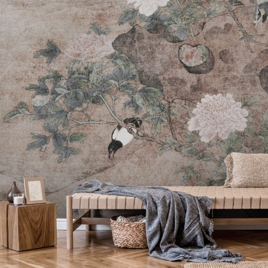 Wall Art Originals Corvus - mural z motywem sroki, gałęzi i białych kwiatów