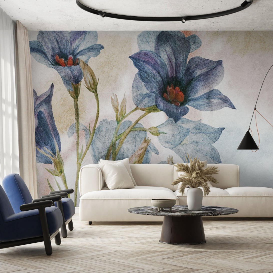 Wall Art Originals Antlia - mural z motywem niebieskich kwiatów na białym tle