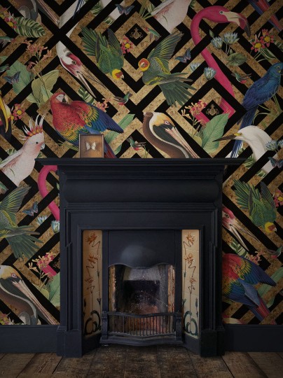 Divine Savages DVS146 Geometric Aviary Gold Leaf - tapeta w papugi na geometrycznym tle